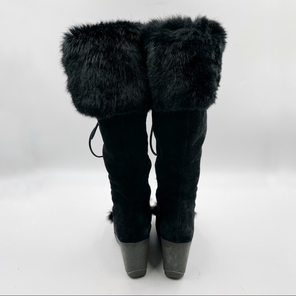 SOLD-Coach Karita Black Wedge Boots Suede Leather Rabbit Fur Knee Heels - Picture 5 of 11